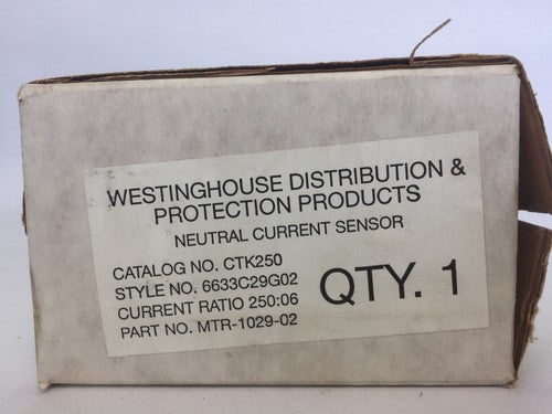 WESTINGHOUSE CTK250 NEUTRAL CURRENT SENSOR CURRENT RATIO 250:06 MTR-1029-020
