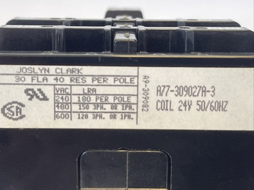 JOSLYN CLARK DP3C304-24 DEFINITE PURPOSE CONTACTOR A77-309027A-3 600VAC COIL 24V6