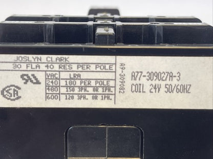JOSLYN CLARK DP3C304-24 DEFINITE PURPOSE CONTACTOR A77-309027A-3 600VAC COIL 24V6