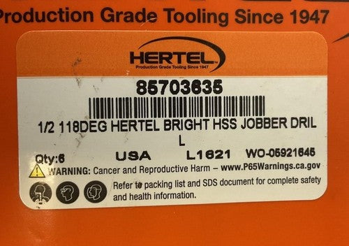 HERTEL 85703635 1/2 118DEG BRIGHT HS JOBBER DRIL1