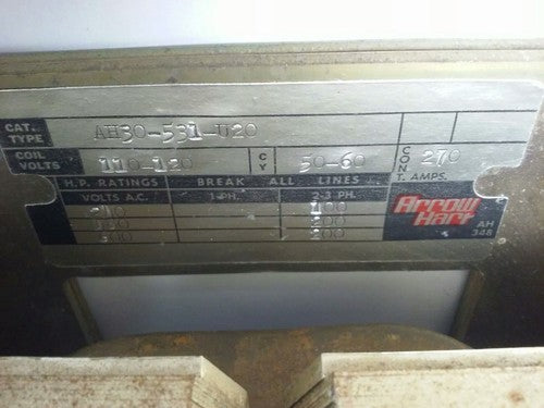 ARROW HART AH30-531-U20 CONTACTOR, 3P, 300A, 600V,SIZE 5,120V COIL,CONTACTS GOOD1