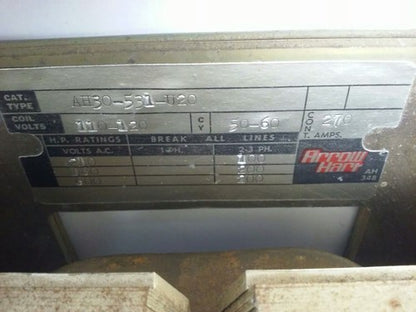 ARROW HART AH30-531-U20 CONTACTOR, 3P, 300A, 600V,SIZE 5,120V COIL,CONTACTS GOOD1