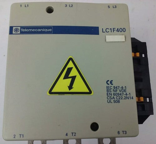 TELEMECANIQUE LC1F400 CONTACTOR, 3PH, 3P, 600V, 420A, 300HP,W/ LX9FJ910 24V COIL2