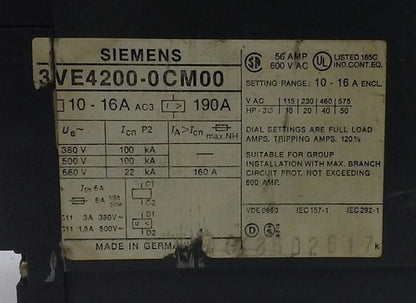 SIEMENS 3VE4200-0CM00 CIRCUIT BREAKER (3VE42000CM00) 3-POLE1