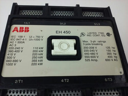 ABB EH450 CONTACTOR,  600V, 3PH, 525A, 400H.P., 3P, 355KW, EH, USED1