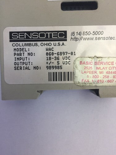 SENSOTEC MODEL WAC PART NO. 060-6897-01 INPUT 18-36VDC OUTPUT +/- 5VDC MODULE1