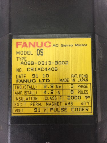 FANUC A06B-0313-B002 AC SERVO DRIVE 4.2A 3 PHASE 8 POLES 2000 RPM 91V1