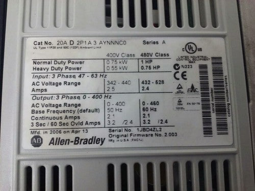ALLEN BRADLEY POWER FLEX 70 20A-D2P1A3AYNNNC0 SER. A,3PH,480V, 1HP, W/ 20-HIM-A31