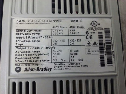 ALLEN BRADLEY POWER FLEX 70 20A-D2P1A3AYNNNC0 SER. A,3PH,480V, 1HP, W/ 20-HIM-A31
