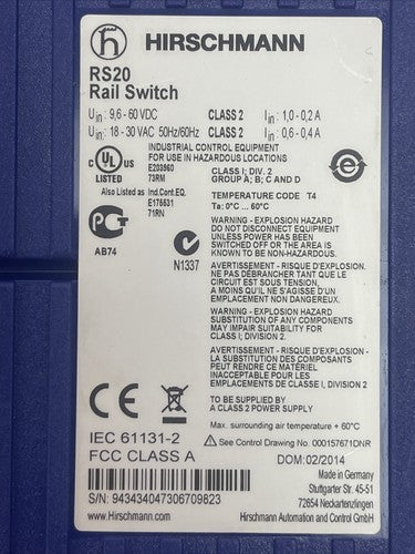 HIRSCHMANN RS20-1600T1T1SDAUHH RAIL SWITCH 60VDC/30VAC 50/60HZ RS201