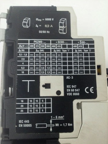 KLOCKNER MOELLER PKZM0-6,3 MOTOR STARTER W/ SE00-11-PKZ0, NHI11-PKZ0, 240V COIL1