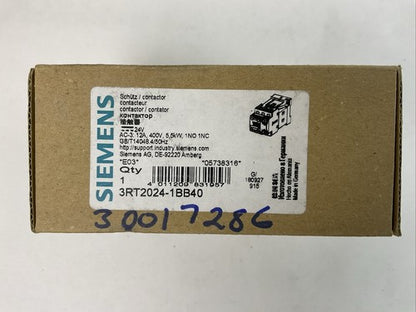 SIEMENS 3RT2024-1BB40 CONTACTOR AC-3 12A 400V 5,5kW 1NO 1NC COIL 24VDC0