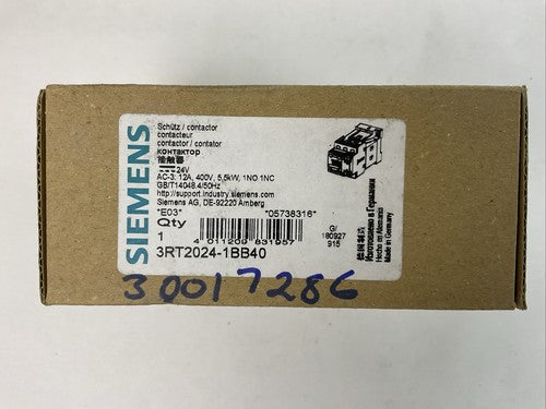 SIEMENS 3RT2024-1BB40 CONTACTOR AC-3 12A 400V 5,5kW 1NO 1NC COIL 24VDC0