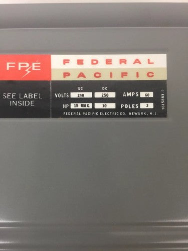FPE 7632 TYPE LD SAFETY SWITCH 60AMP 250VDC 240VAC 3 POLE 10-15HP 3