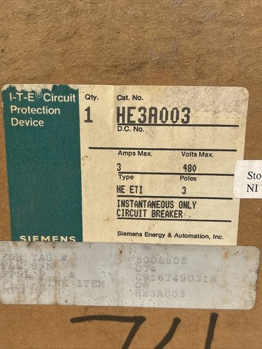 ITE HE3A003 MOTOT CIRCUIT INTERRUPTER 3AMP 480VAC 3POLE TYPE HE ETI1