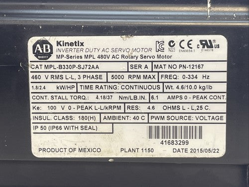 ALLEN BRADLEY MPL-B330P-SJ72AA SERVO MOTOR SER A 5000RPM 1.8/2.4 kW/HP 6.1AMP1