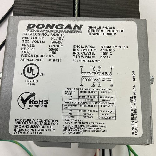 DONGAN 35-1015 SINGLE PHASE TRANSFORMER 0.150KVA PRI 240X480V SEC 120/240V1