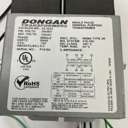 DONGAN 35-1015 SINGLE PHASE TRANSFORMER 0.150KVA PRI 240X480V SEC 120/240V1