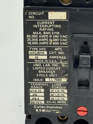 CUTLER-HAMMER - HFC3015 - CIRCUIT BREAKER - 15A/ 600 VAC/ 3 POLE2