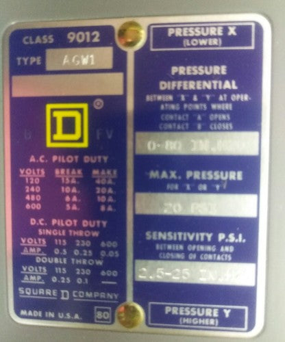 SQUARE D , DIFFERENTIAL PRESSURE SWITCH , 9012, AGW-1, SERIES B 2
