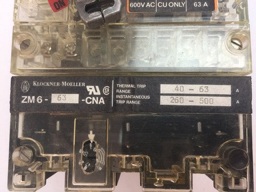 KLOCKNER MOELLER NZMH6-63 CIRCUIT BREAKER 600VAC 63A ZM6-63-CNA THERMAL TRIP 2