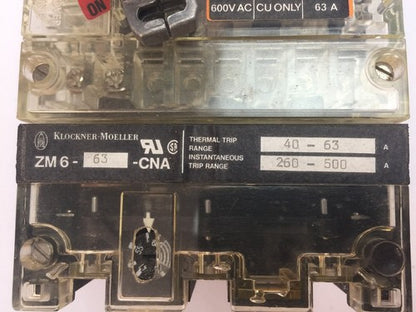 KLOCKNER MOELLER NZMH6-63 CIRCUIT BREAKER 600VAC 63A ZM6-63-CNA THERMAL TRIP 2