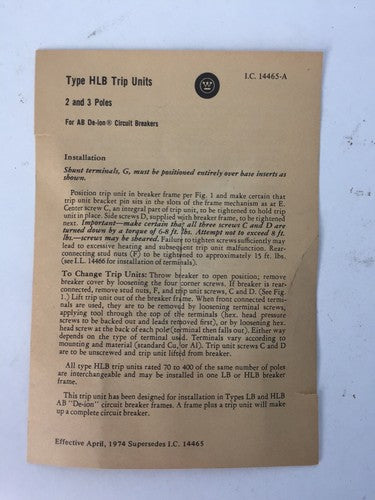 WESTINGHOUSE HLB2150T TRIP UNIT  2POLE 150AMP THERMAL TRIP 750-1500A INST. TRIP9