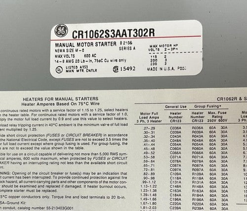 GENERAL ELECTRIC CR1062S3AAT302R MANUAL MOTOR STARTER 3POLE 120V3