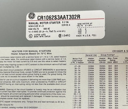 GENERAL ELECTRIC CR1062S3AAT302R MANUAL MOTOR STARTER 3POLE 120V3