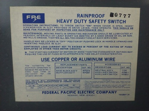 FPE RH5636R SAFETY SWITCH 3P, 60A, 600VAC, 3 WIRE, 3 BLADES, 50HP RAINPROOF4