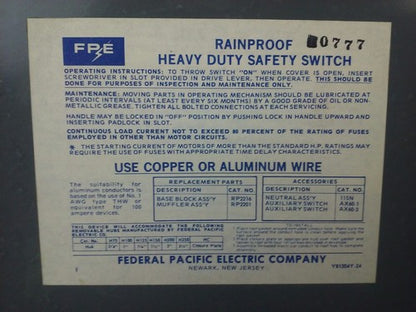 FPE RH5636R SAFETY SWITCH 3P, 60A, 600VAC, 3 WIRE, 3 BLADES, 50HP RAINPROOF4