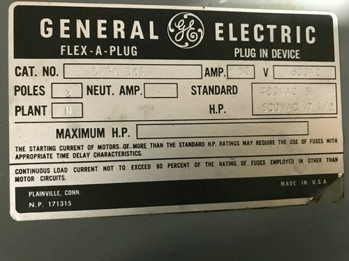 GE DFPC361 FLEX-A-PLUG PLUG-IN DEVICE / BUS PLUG 30A 600VAC 3-POLE1