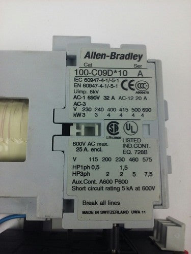 ALLEN BRADLEY 100-C09D*10 SER. A,CONTACTOR,3PH,600V,25A,24VDC COIL ,W/ 193-TAB241