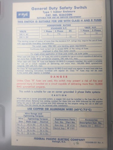 FPE H3632SN FUSIBLE SAFETY SWITCH 240VAC 250VDC 60AMP 15HP 3PH 3 POLE TYPE 14