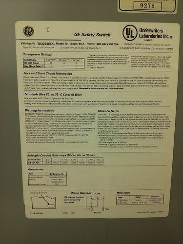  GE TH2262RDC, SAFETY SWITCH, MOD 10, 30A, 600VAC/250VDC, MAX H.P. 35, TYPE 3R3
