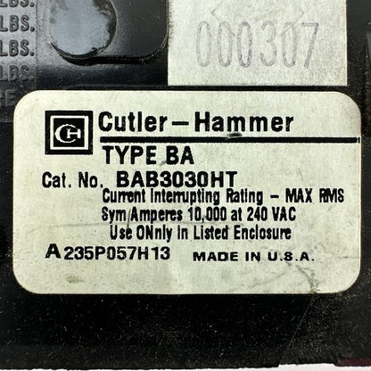 CUTLER HAMMER / WESTINGHOUSE BAB3030HT CIRCUIT BREAKER 3POLE 30AMP 240VAC1