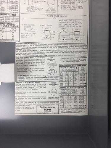 CUTLER HAMMER A25CGE40B MOTOR STARTER A25CNC40 C306GN36
