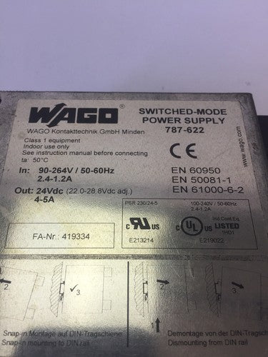 WAGO 787-622 SWITCHED-MODE POWER SUPPLY INPUT 90-264V OUTPUT 24VDC 4-5A 1