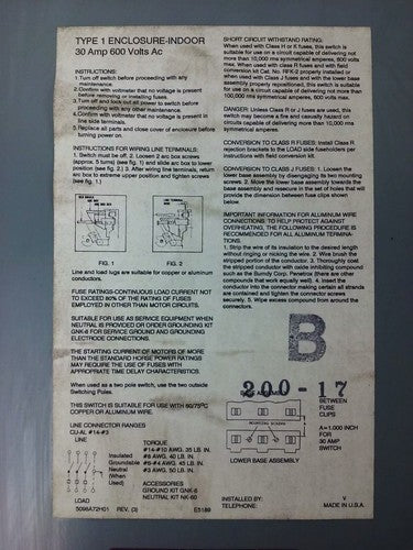 CHALLENGER HD361SNC, SAFETY SWITCH, TYPE 1 INDOOR, 30A, 600V, 3P, FUSIBLE, NEW3