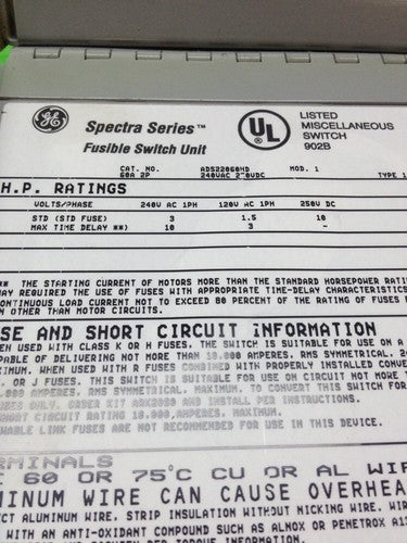 GE SPECTRA SERIES ADS22060HD 60A 240V 2PH FUSIBLE PANLEBOARD SWITCH5