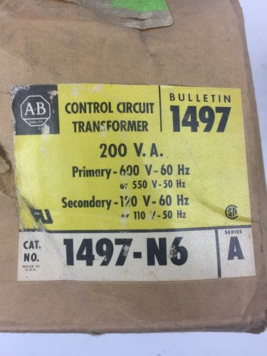 ALLEN BRADLEY 1497-N6 CONTROL CIRCUIT TRANSFORMER .200 KVA 600V 60HZ SERIES A1