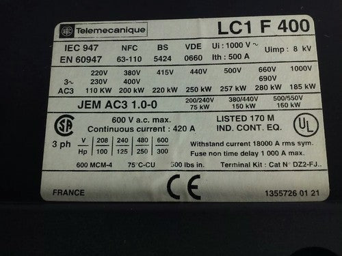 TELEMECANIQUE LC1F400 CONTACTOR, 3PH, 3P, 600V, 420A, 300HP,W/ LX9FJ910 24V COIL1