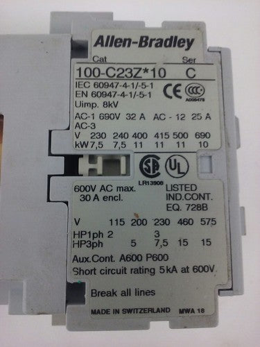 ALLEN BRADLEY 100-C23Z*10 SER. C CONTACTOR 690V 32A 11kW,600V 30A 3PH,24VDC COIL1