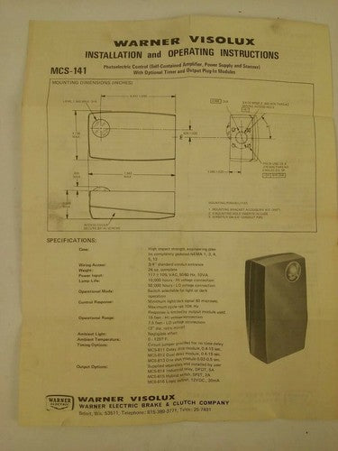 WARNER ELECTRIC MCS-141 PHOTOSCANNER PHOTOELECTRIC CONTROL 8164-000-XXX3