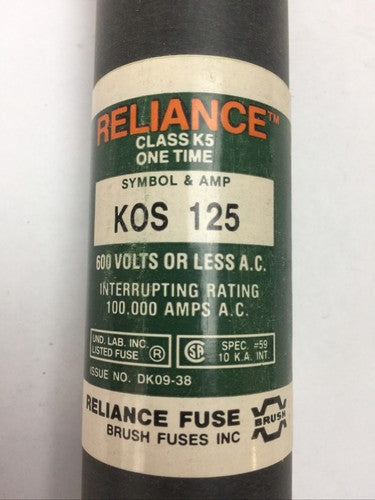 RELIANCE KOS125 CLASS K5 ONE TIME FUSE 125AMP 600VAC1