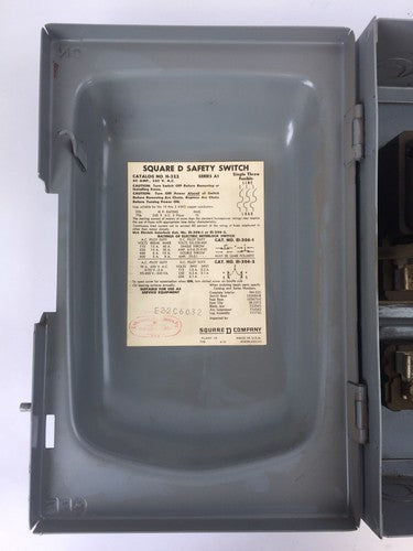 SQUARE D H322 FUSIBLE SAFETY SWITCH SERIES A1 240VAC 60AMP 15HP 3 POLE8