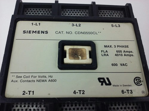 SIEMENS CDN0550CL, CONTACTOR,  600VAC, 3PH, FLA 600A, LRA 4010A, NEMA A600, NEW1