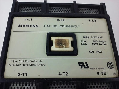SIEMENS CDN0550CL, CONTACTOR,  600VAC, 3PH, FLA 600A, LRA 4010A, NEMA A600, NEW1