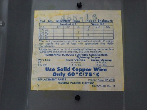 CHALLENGER GD221NF, 30A, 240V, 3 MAX H.P., TYPE 1 INDOOR, SAFETY SWITCH, NEW3