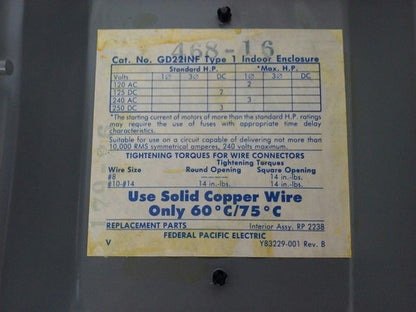 CHALLENGER GD221NF, 30A, 240V, 3 MAX H.P., TYPE 1 INDOOR, SAFETY SWITCH, NEW3